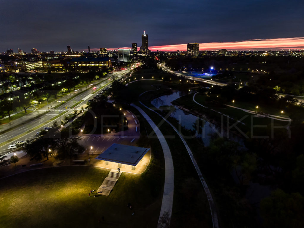 Eleanor Tinsley Park at Sunset " photo by Houston Aerial Photographer Dee Zunker  Houston-Aerial-Photographer-EleanorTinsleyPark-Night.psd  Houston Commercial Architectural Photographer Dee Zunker