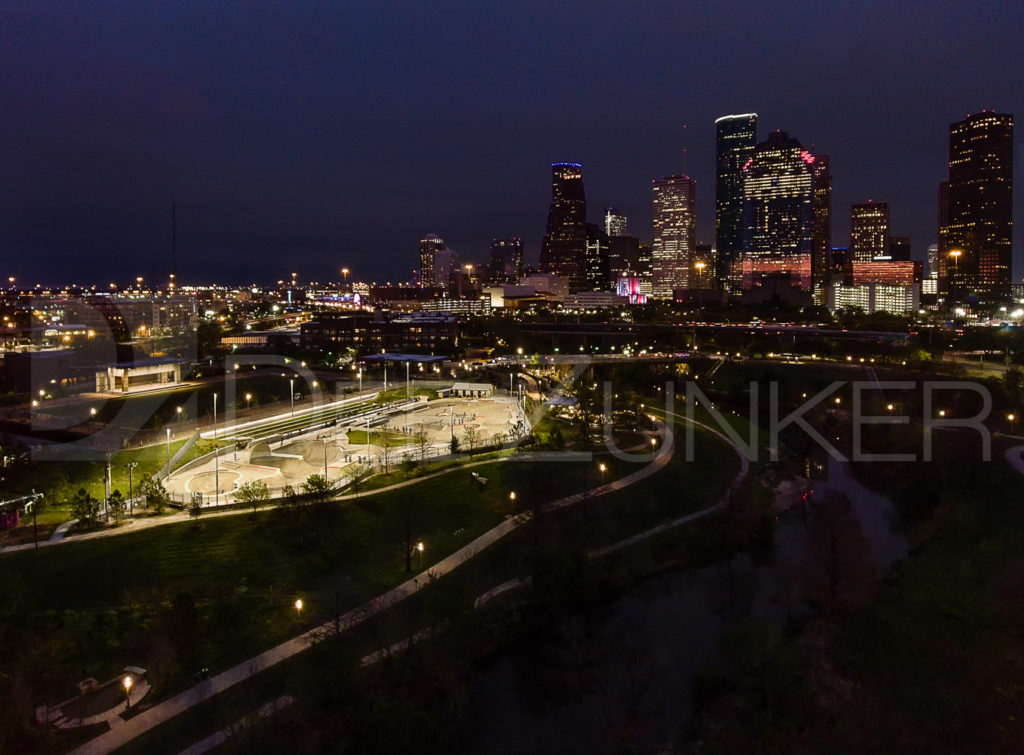 Downtown Houston and Jamail Skate Partk at Night " photo by Houston Aerial Photographer Dee Zunker  JamalSkatePark-Gandy2Design-001.psd  Houston Commercial Architectural Photographer Dee Zunker