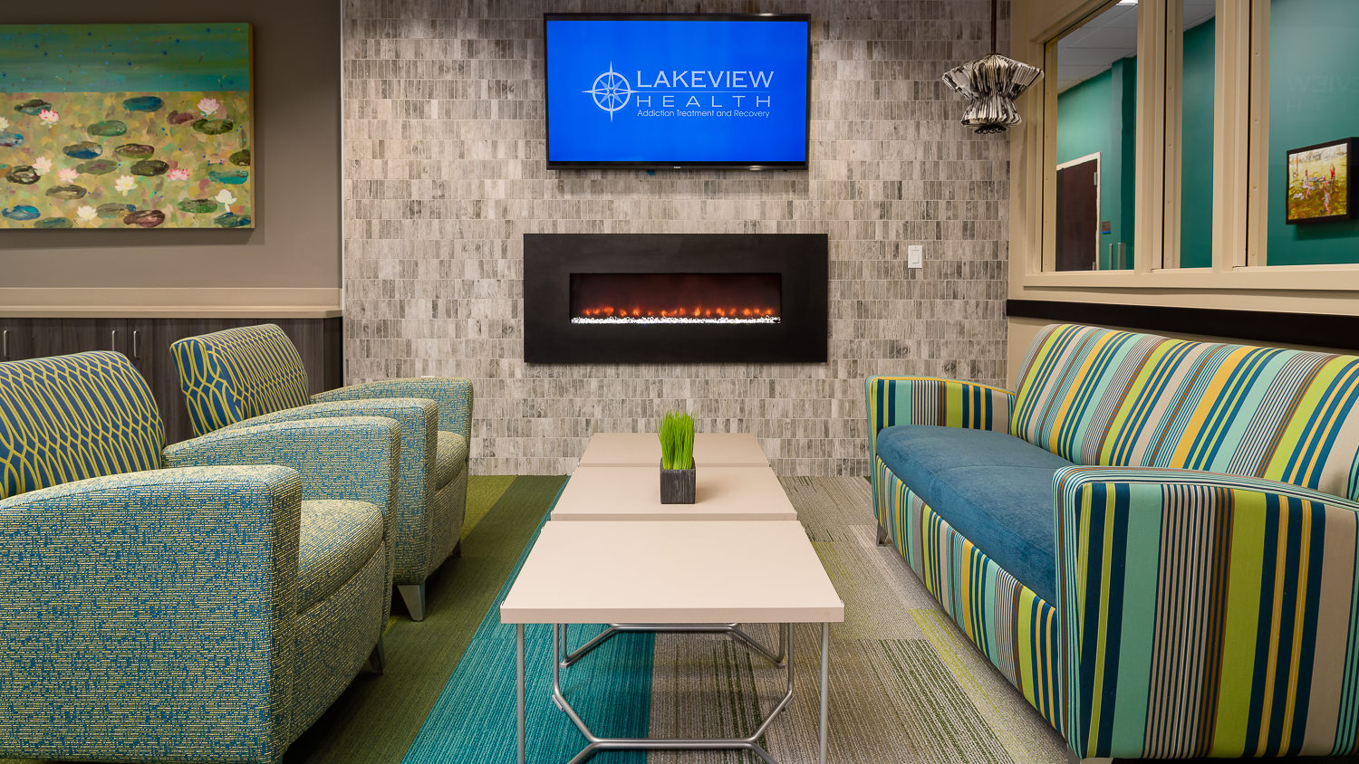 Day Room Fireplace Lakeview Health - The Woodlands TX  Lakeview-201801-010.psd  Houston Commercial Architectural Photographer Dee Zunker 