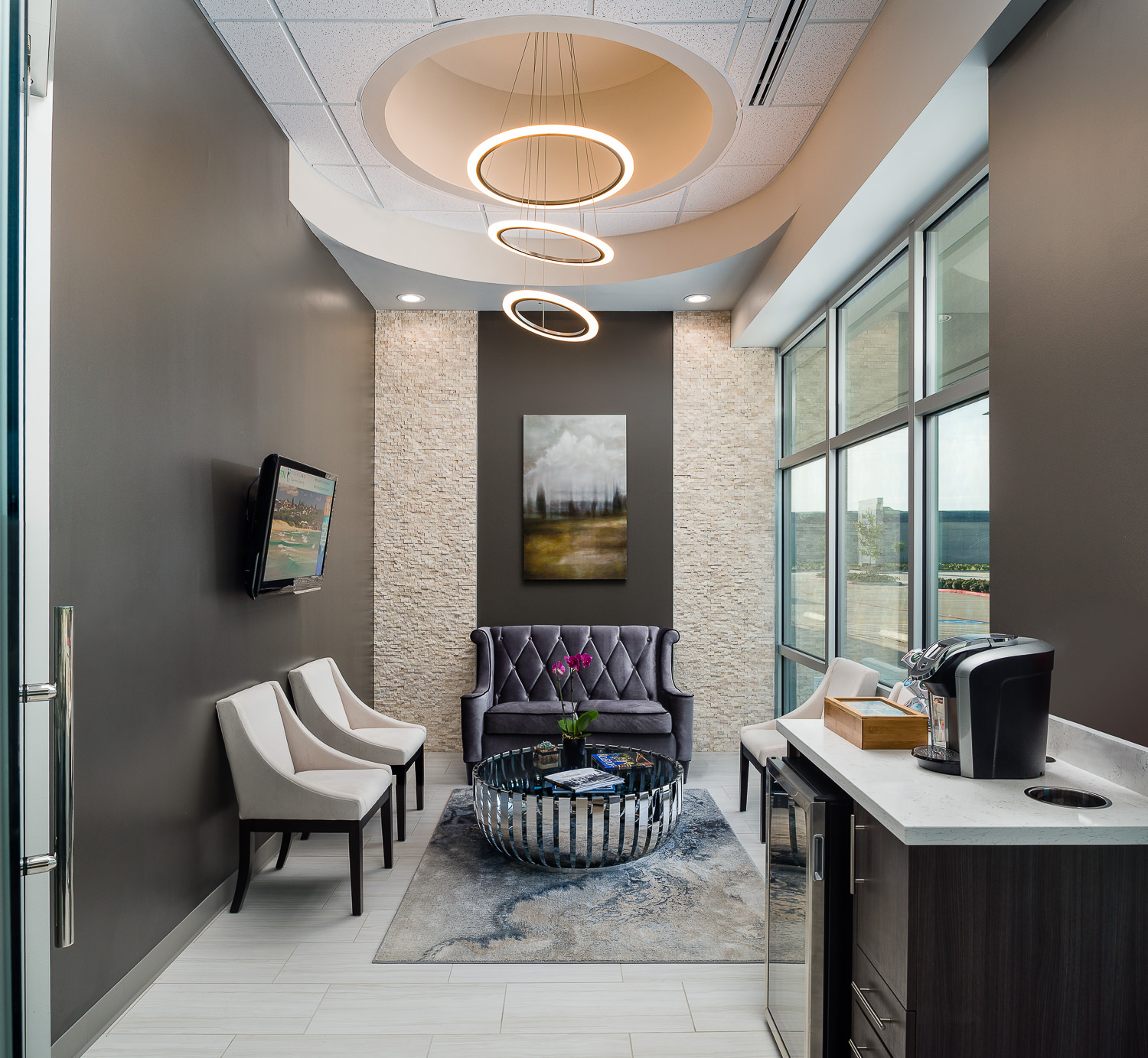 Interiors photography of the stylishly designed Pearland Signature Dentistry, highlighting the modern architectural details of the lobby. Included with a Google 360 virtual tour