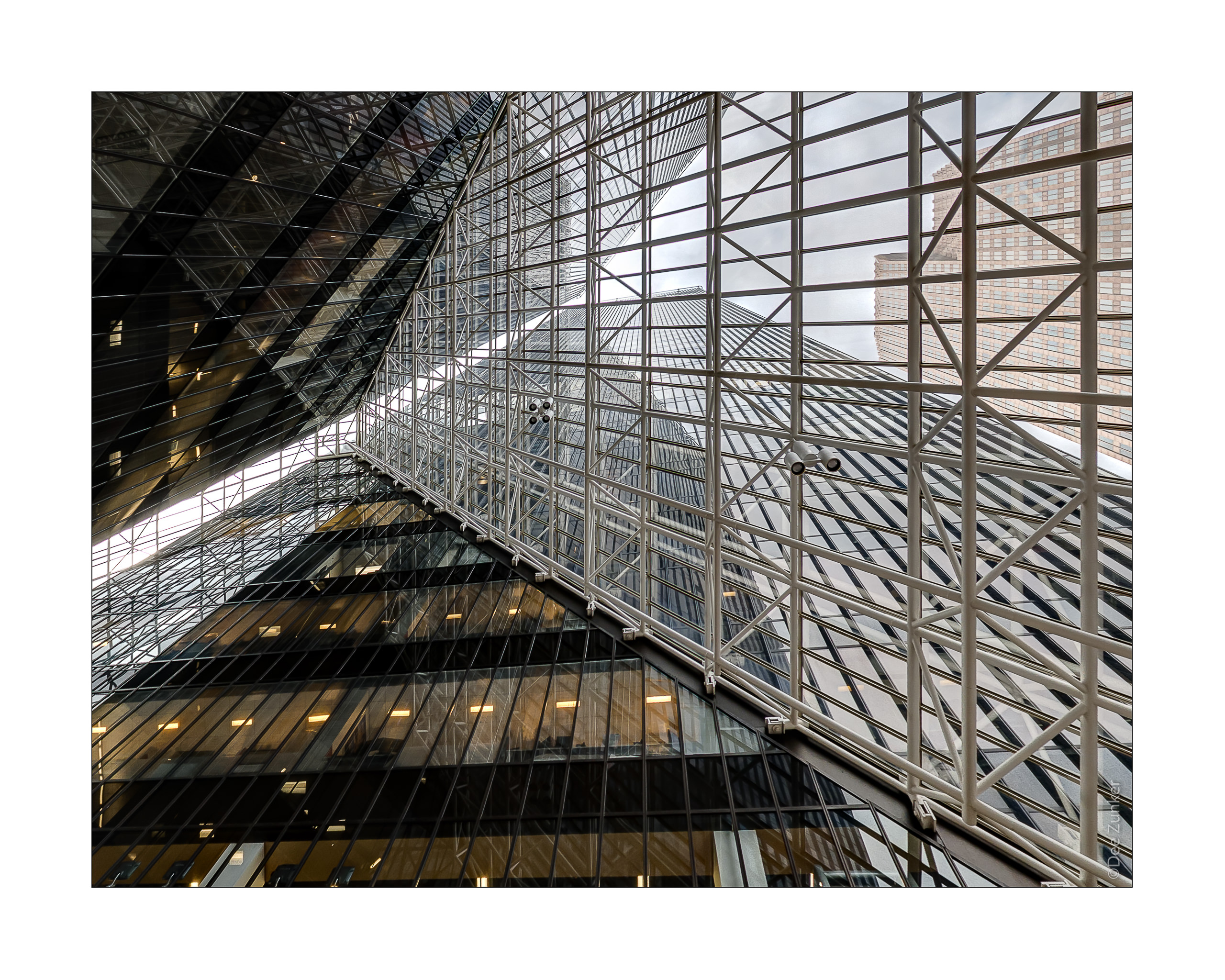 Looking up inside Pennzoil Place  Pennzoil Place.jpg  Houston Commercial Architectural Photographer Dee Zunker 