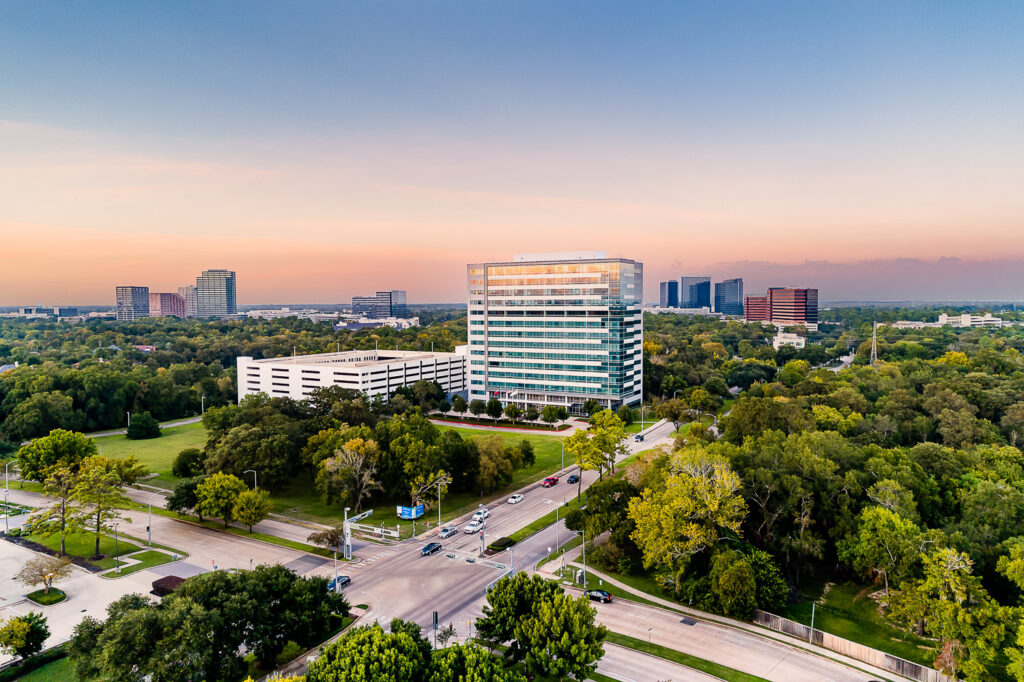 Aerial drone photography Transwestern building dusk Eldridge Parkway Energy Corridor Houston commercial