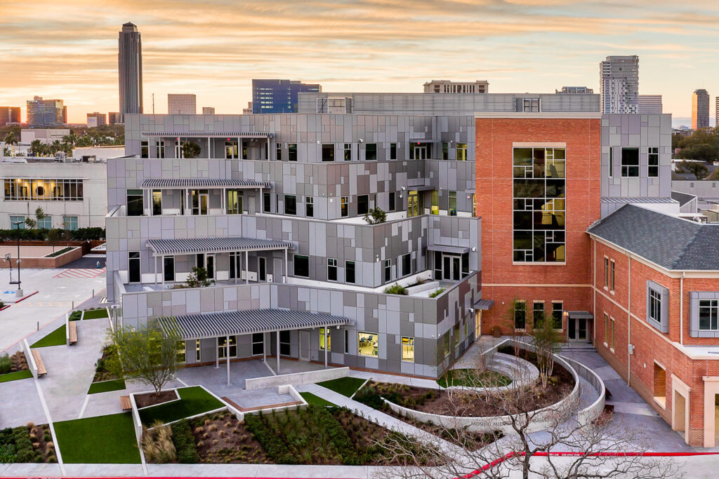 River Oaks Baptist School aerial drone photography twilight metal panel exterior Jack Ryan Architects Houston Texas