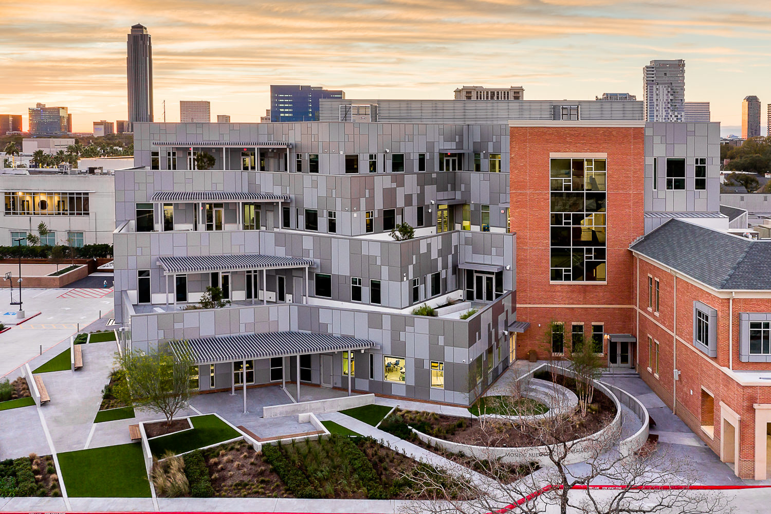 River Oaks Baptist School aerial drone photography twilight metal panel exterior Jack Ryan Architects Houston Texas
