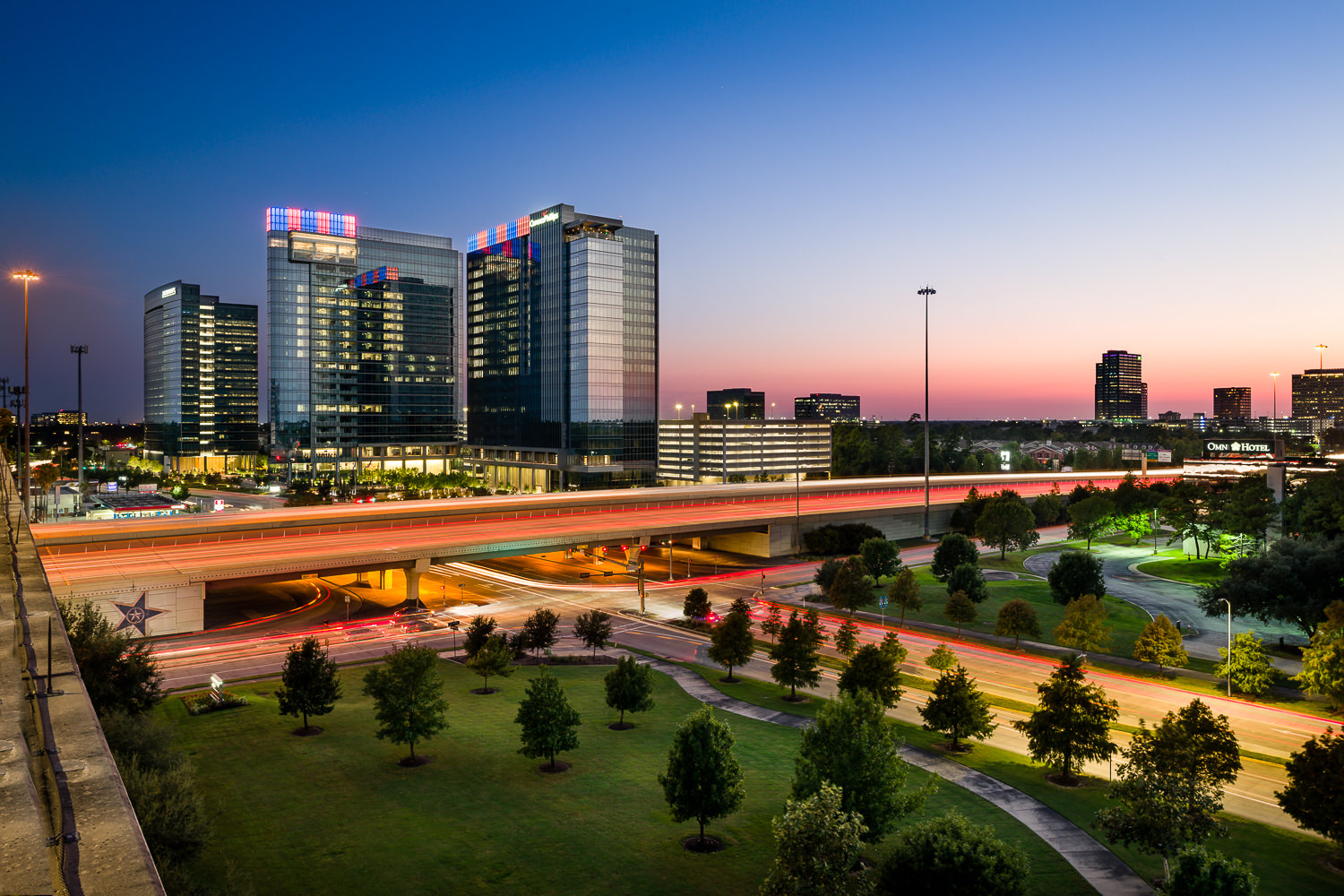 Eldridge Parkway I-10 interchange twilight infrastructure photography Energy Corridor Houston ConocoPhillips Center