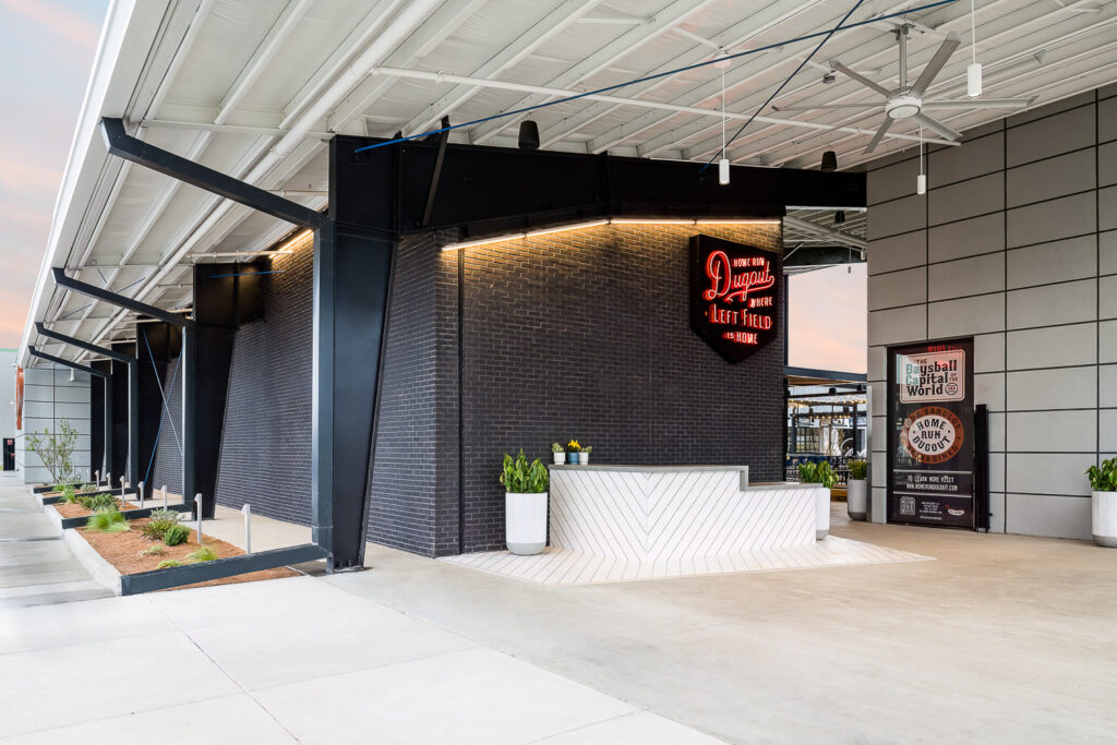 The main entrance to the HomeRun Dugout entertainment and baseball complex in Katy, Texas.