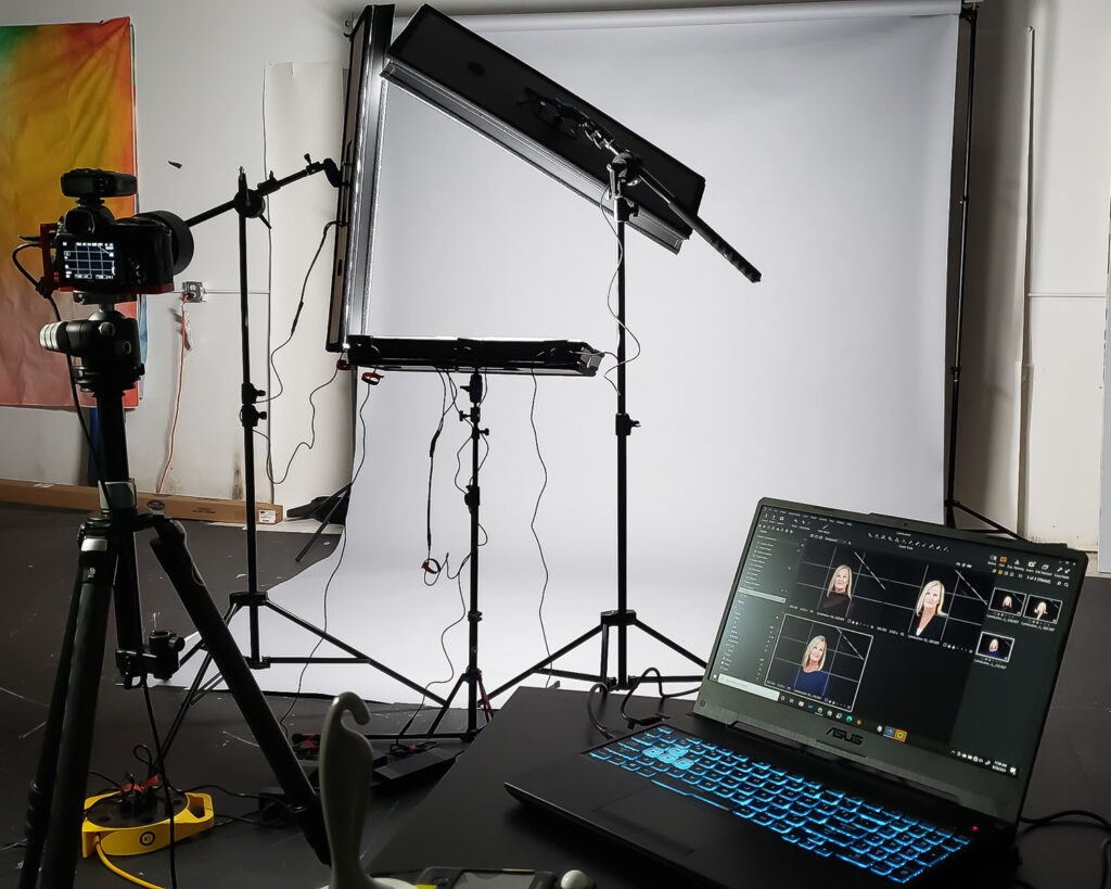 Headshot lighting setup in a studio