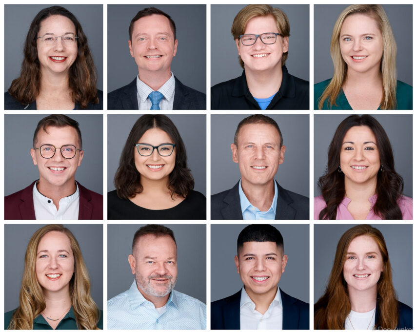 Grid of 12 consistent, modern corporate headshots on neutral grey backgrounds, showcasing a diverse professional team for a Houston business.