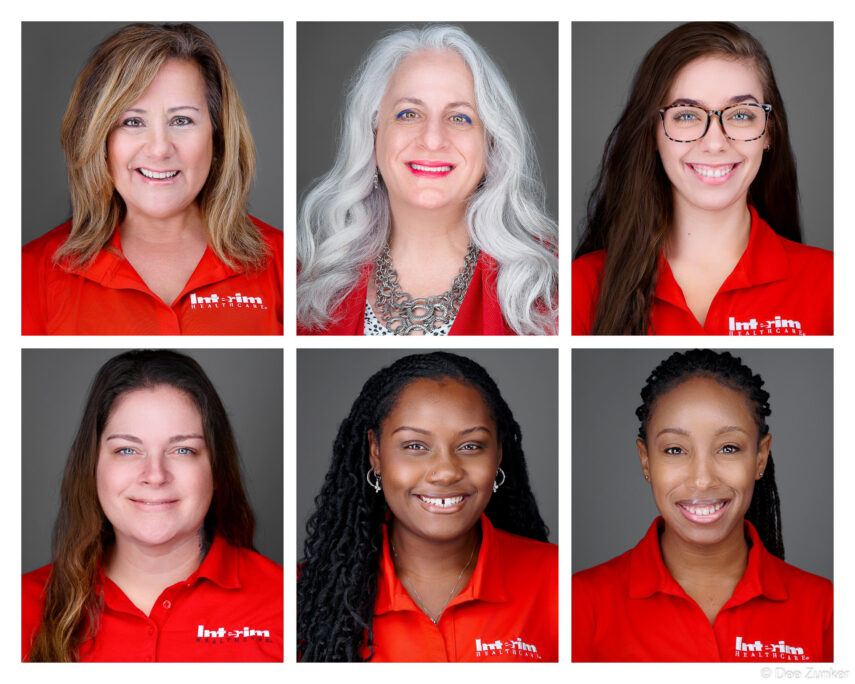 Composite of six consistent, modern corporate headshots for a healthcare staffing team, all wearing matching red branded polo shirts, Houston TX.