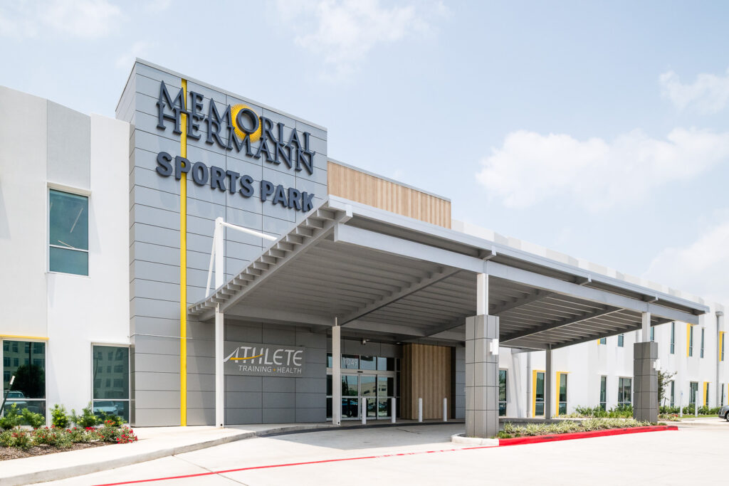 The modern exterior of the Memorial Hermann Sports Park training facility in Houston, Texas.