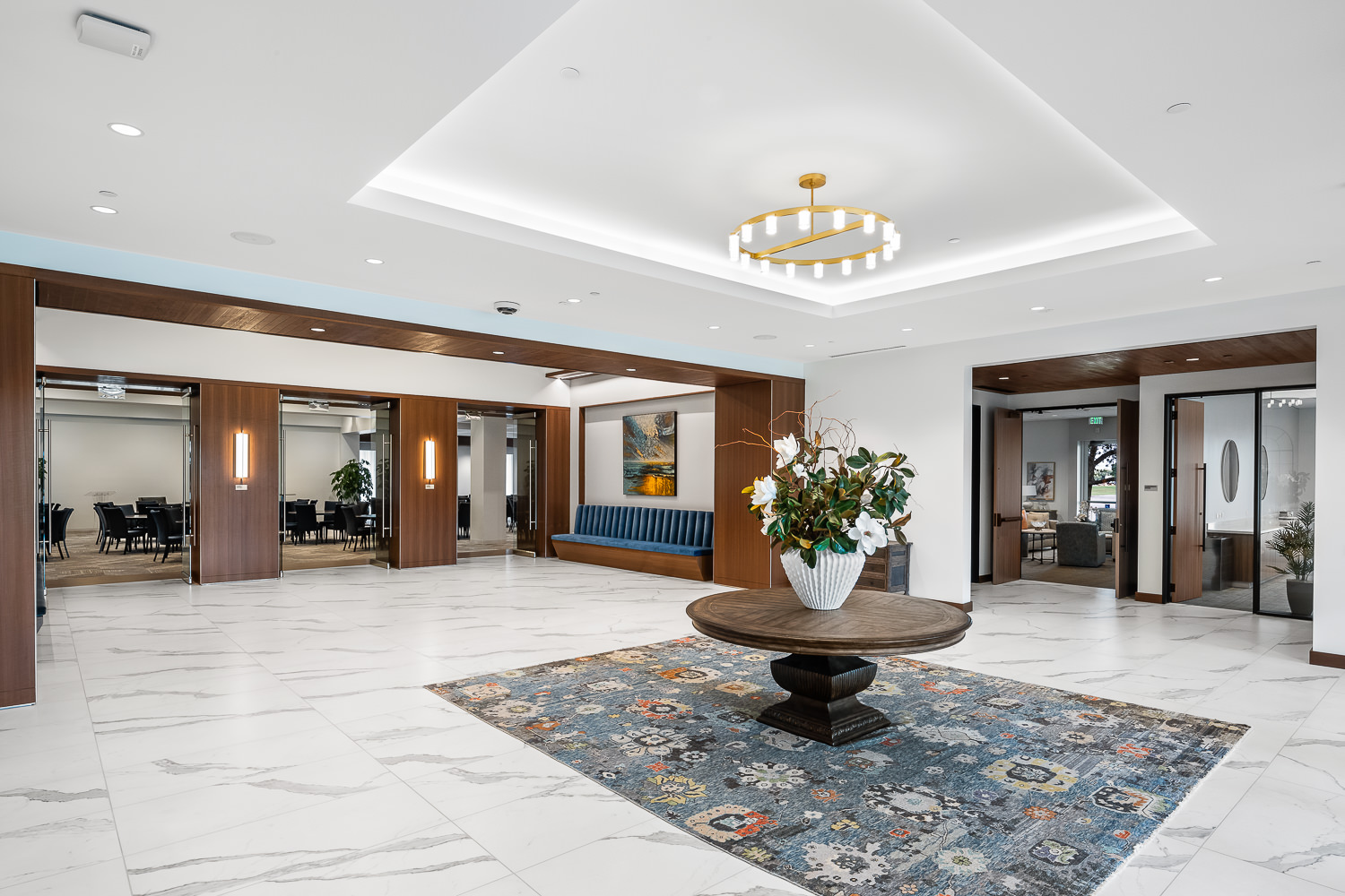 Architectural interior of the foyer in the Williams House at Second Baptist Church's West Campus, a community and institutional space in Houston, TX.
