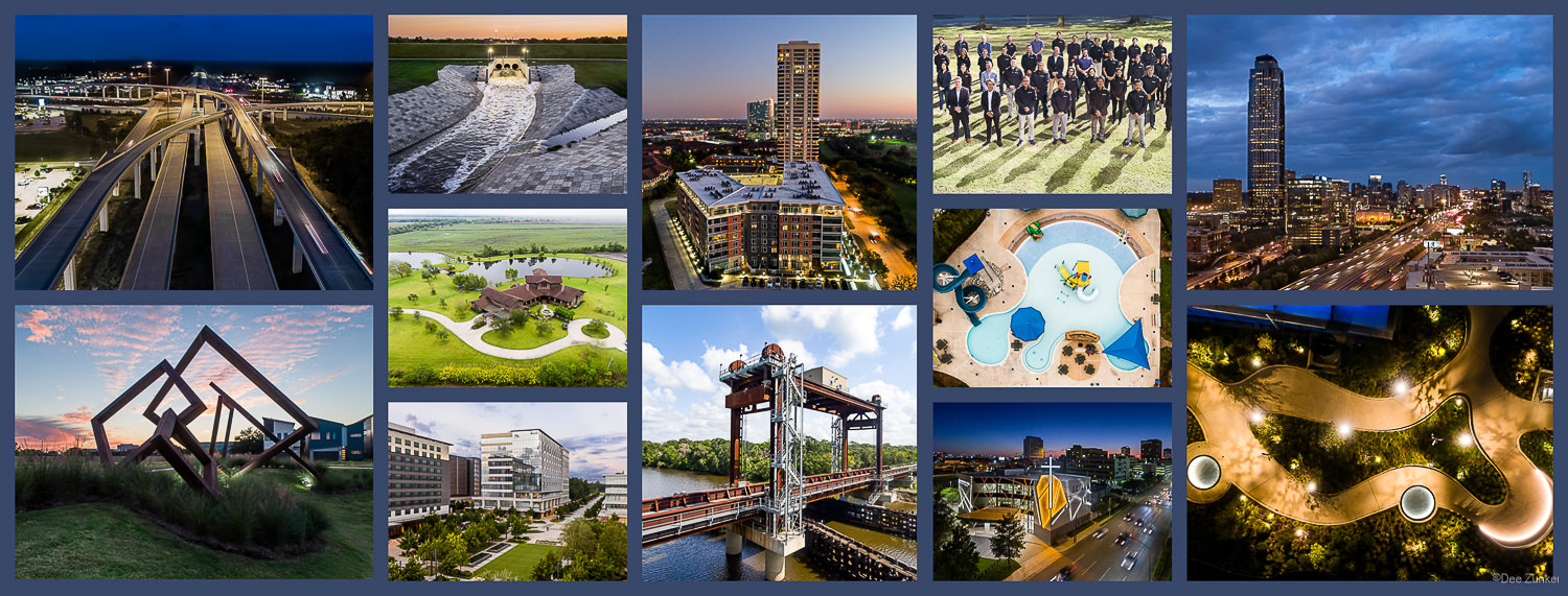 Drone photos of downtown Houston, Texas Medical Center, Galleria, Energy Corridor  Industrial Buildings, and bridges  for architects, landscapes, property development, and corporate photography