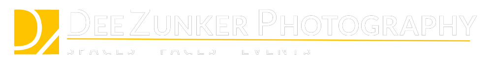 1-Line Logo for Dee Zunker Photography with white lettering and yellow-gold accents