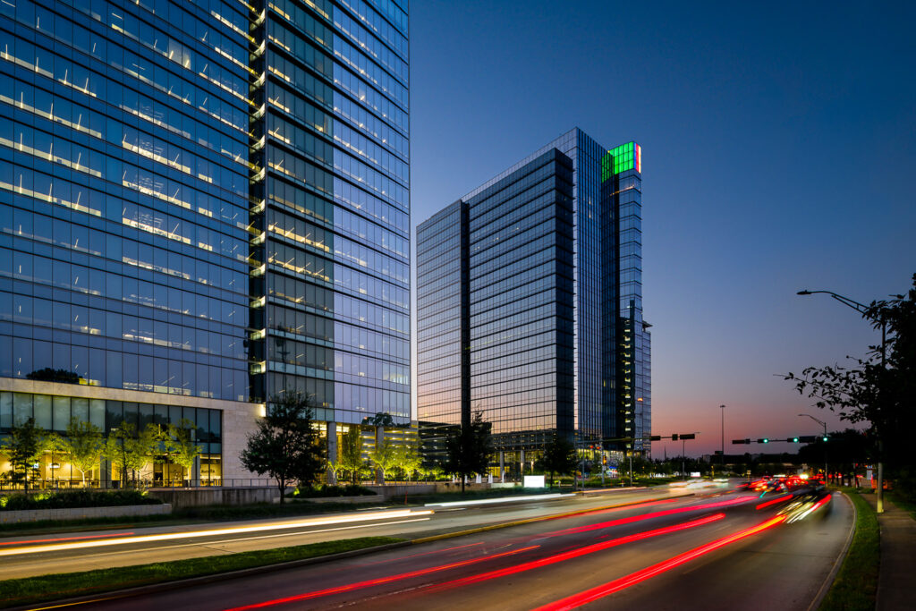 ConocoPhillips building twilight architectural photography light trails Energy Corridor Houston commercial exterior