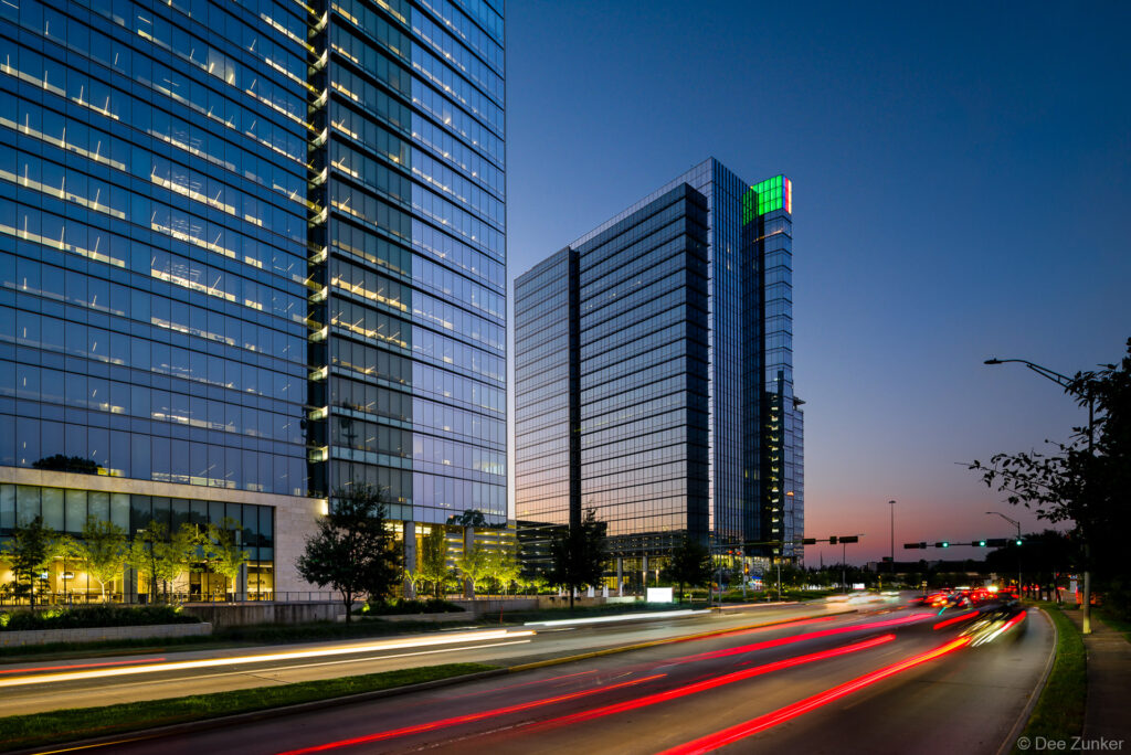 ConocoPhillips building twilight architectural photography light trails Energy Corridor Houston commercial exterior