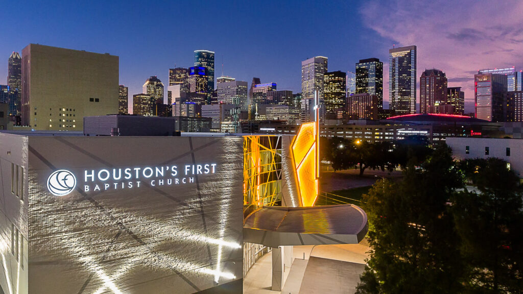 Houston First Baptist Church downtown twilight aerial photography featuring Gandy Lighting design by Kirksey Architects