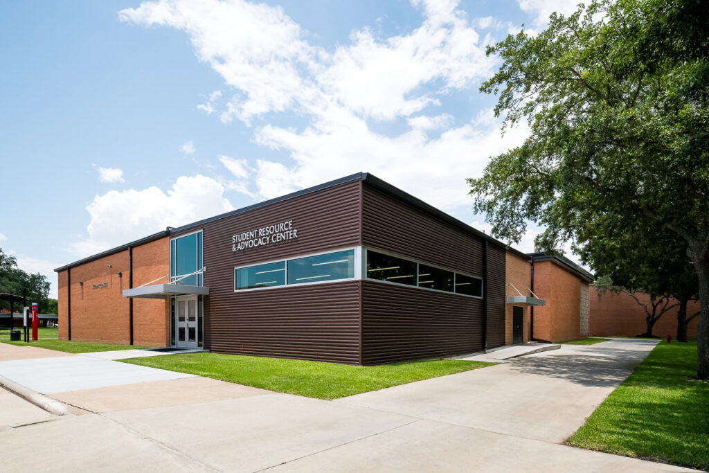 The front exterior of the Student Resource & Advocacy Center at Lee College in Baytown, Texas, on a sunny day.