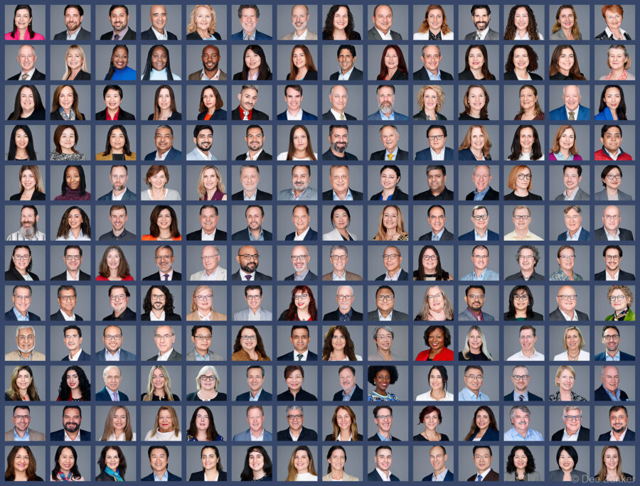 Composite grid of over 150 consistent, modern corporate headshots for a Houston conference, featuring diverse professionals on neutral gray backgrounds.