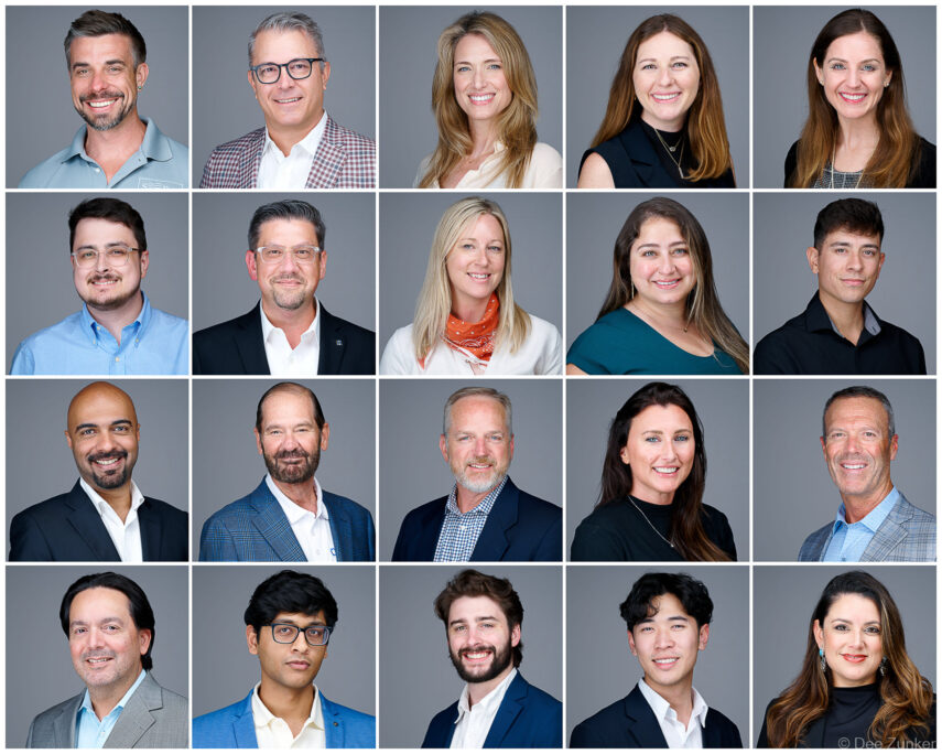 Collage of 20 consistent, modern corporate headshots for a Houston business team, shot against a clean gray studio background.
