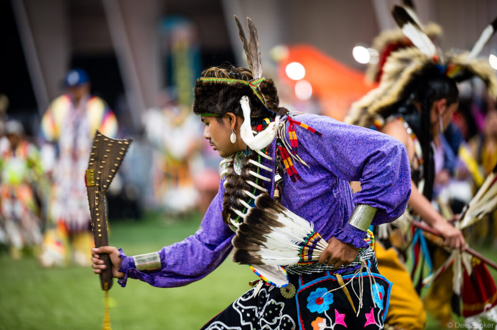 Native American dancer in purple regalia with feathers and fan performing at Alabama-Coushatta 56th Annual Powwow in Texas