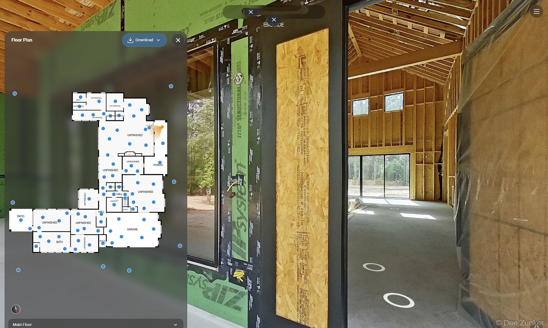 iGuide 360 virtual tour screenshot showing floor plan overlay and interior framing of a Houston house under construction.
