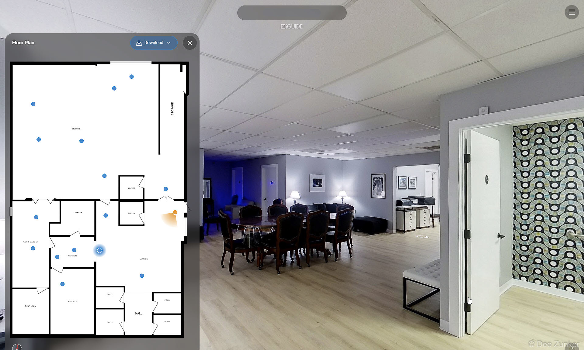 iGuide 360 virtual tour screenshot showing floor plan and interior of a Houston commercial photography studio available for rent.