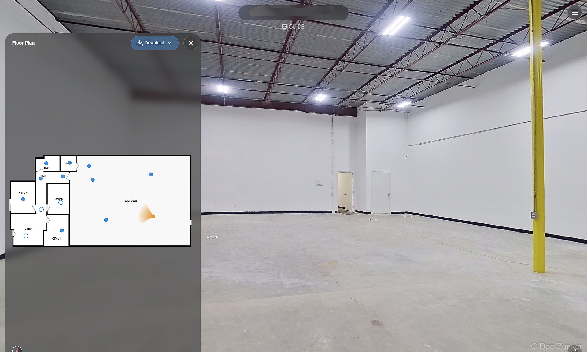 iGuide 360 virtual tour screenshot showing empty Houston warehouse interior with floor plan overlay and labeled rooms including lobby and offices.