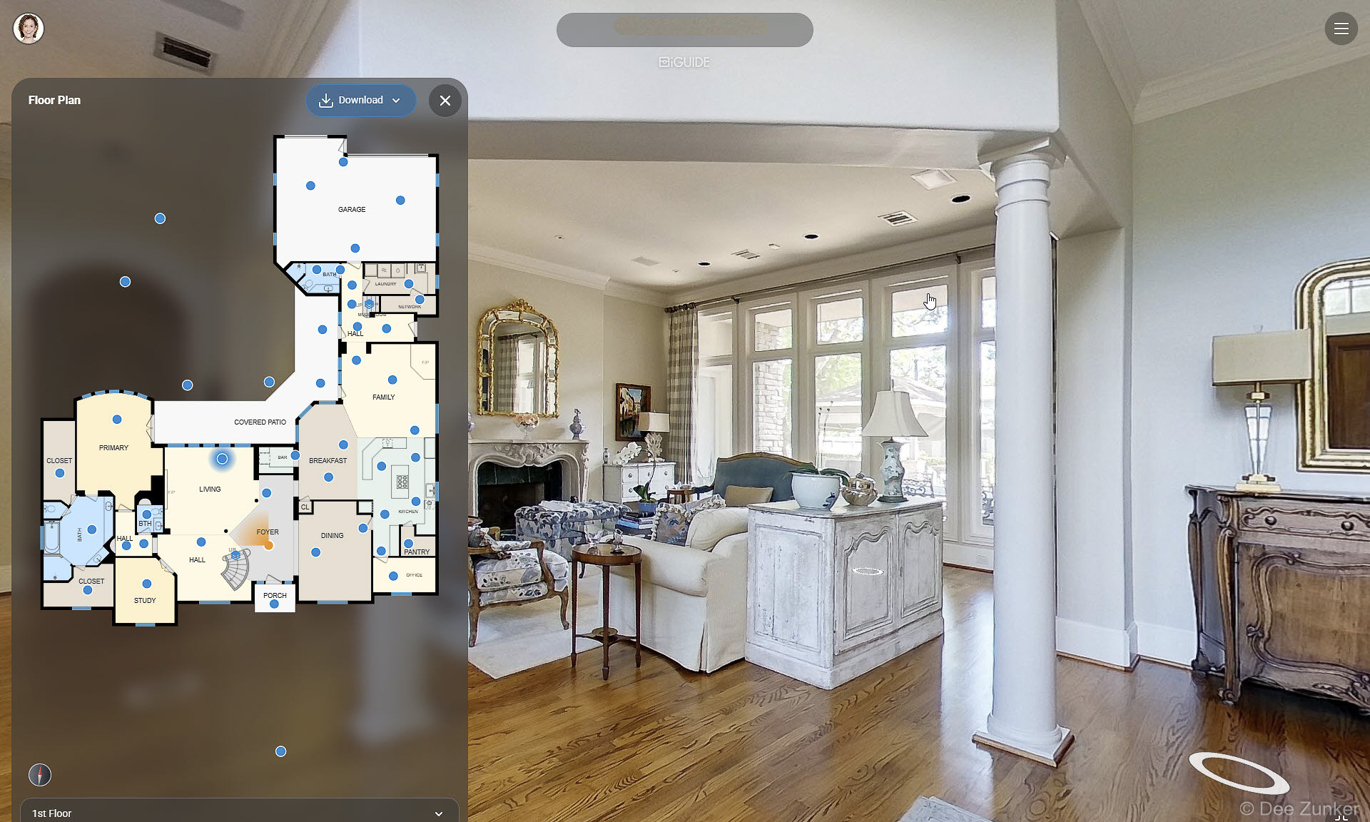 iGuide interactive 360 virtual tour screenshot showing first floor plan overlay beside a luxury Houston home living room interior.