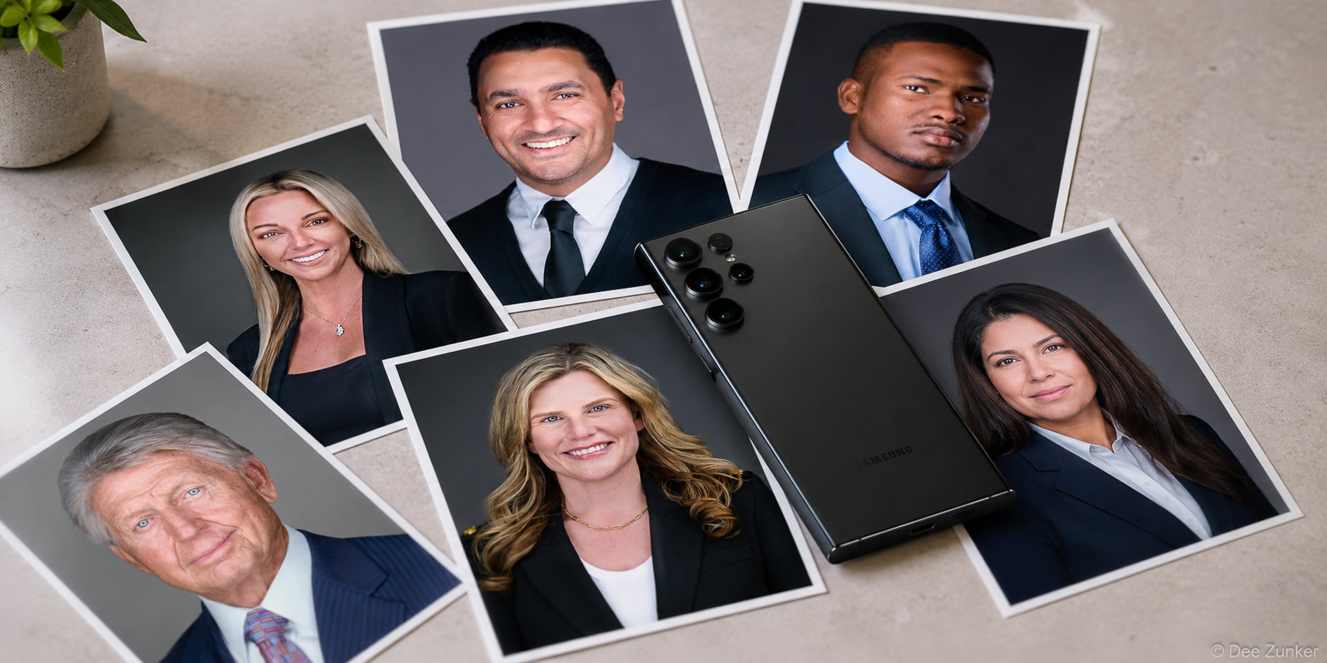 Samsung smartphone surrounded by six professional corporate headshot prints, showcasing Houston commercial headshot photography by Dee Zunker Photography.