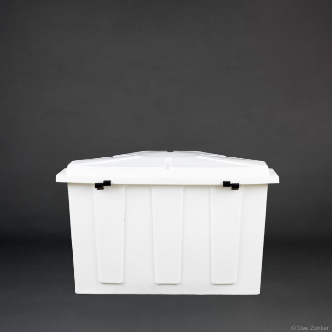 White ribbed plastic industrial boat storage box with black latches and fitted lid, shot on gray background for Houston product photography portfolio.