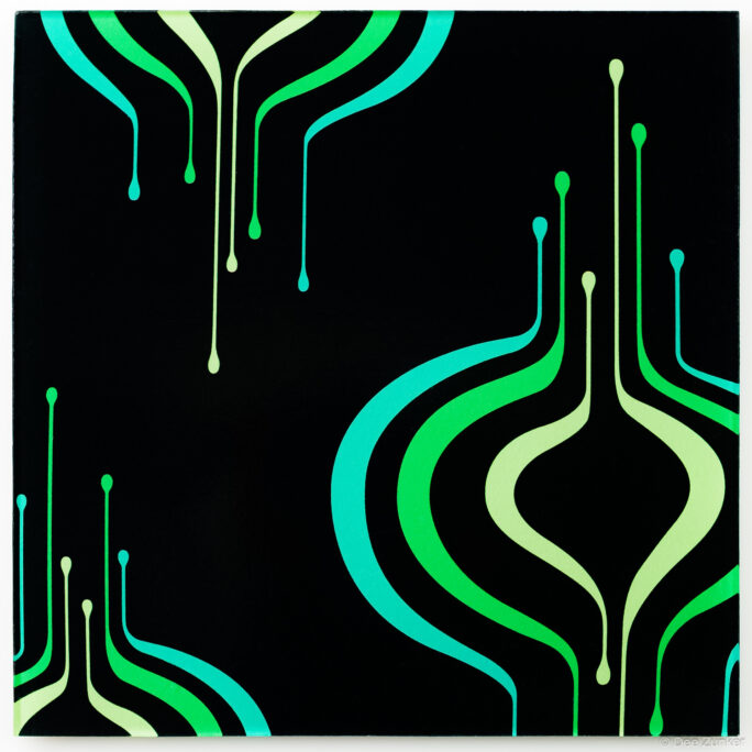 Frosted glass decorative panel with neon green and cyan wave patterns on black background, product photography by Dee Zunker Houston.