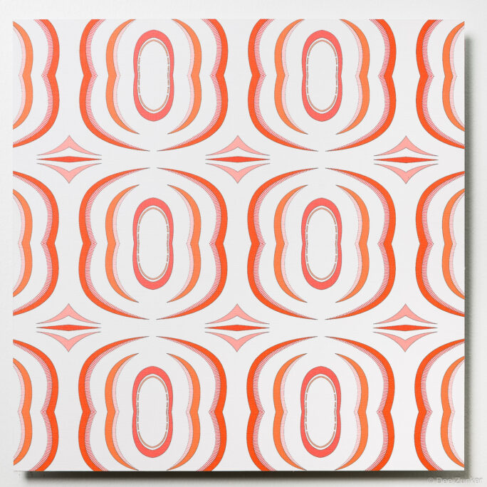 Close-up product photo of frosted glass sample featuring repeating orange oval geometric pattern, shot for Houston commercial portfolio.