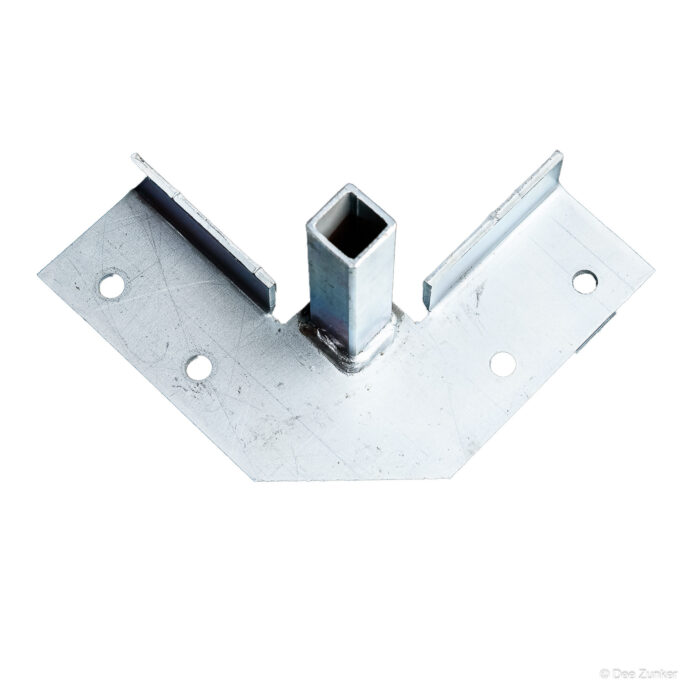 Galvanized steel corner bracket with square tube post and mounting holes, shot on white background for industrial catalog product photography.