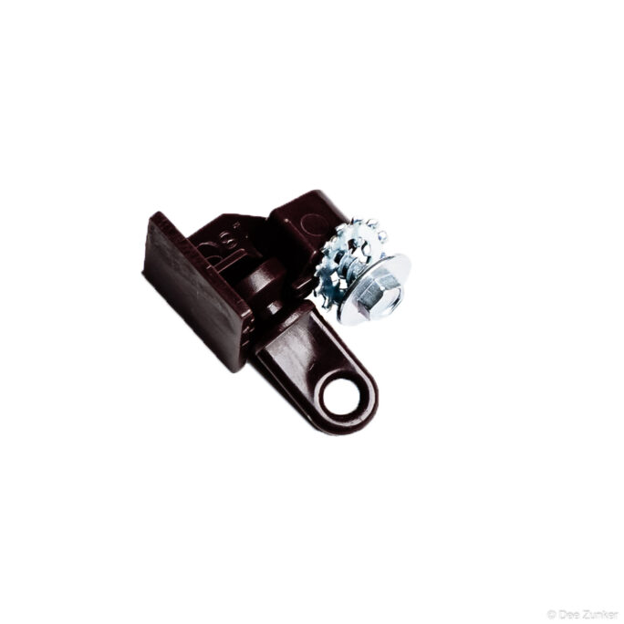 Brown plastic mounting bracket with serrated metal bolt and nut, shot on white background for industrial catalog product photography.