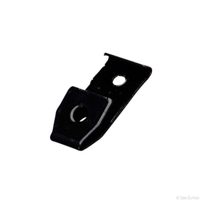 Black powder-coated metal mounting bracket with two holes, shot on white background for industrial catalog product photography.