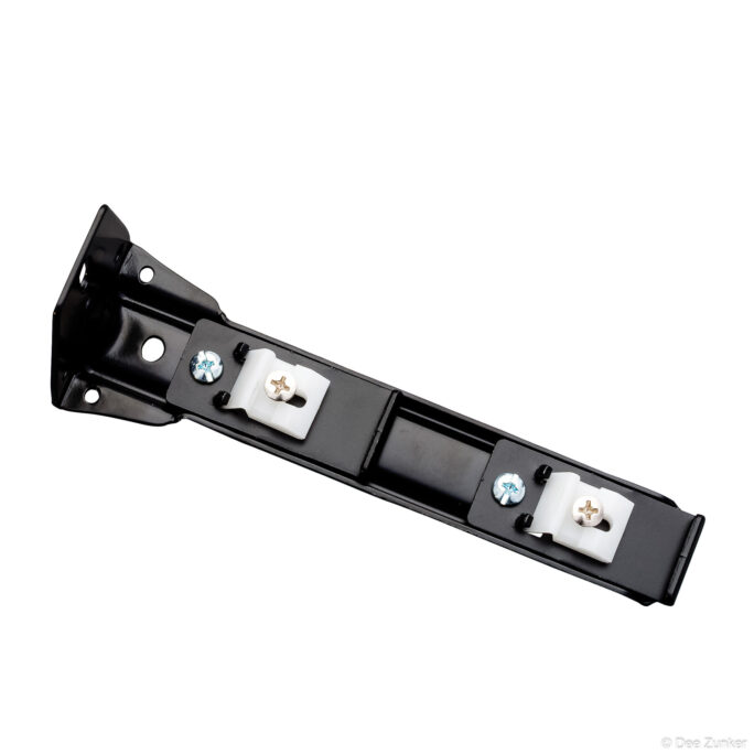 Black metal mounting bracket with white nylon inserts and Phillips screws, shot on white background for industrial catalog product photography.