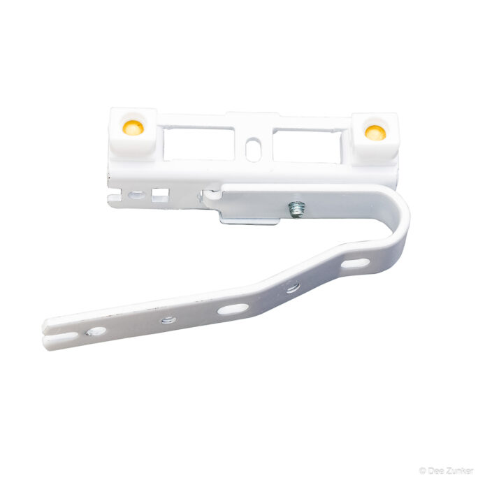 White plastic and metal window blind mounting bracket with curved arm and yellow screw anchors, shot on white background for industrial catalog.