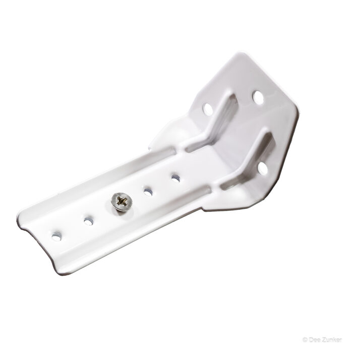White powder-coated metal mounting bracket with Phillips screw, shot on white background for industrial hardware catalog photography.