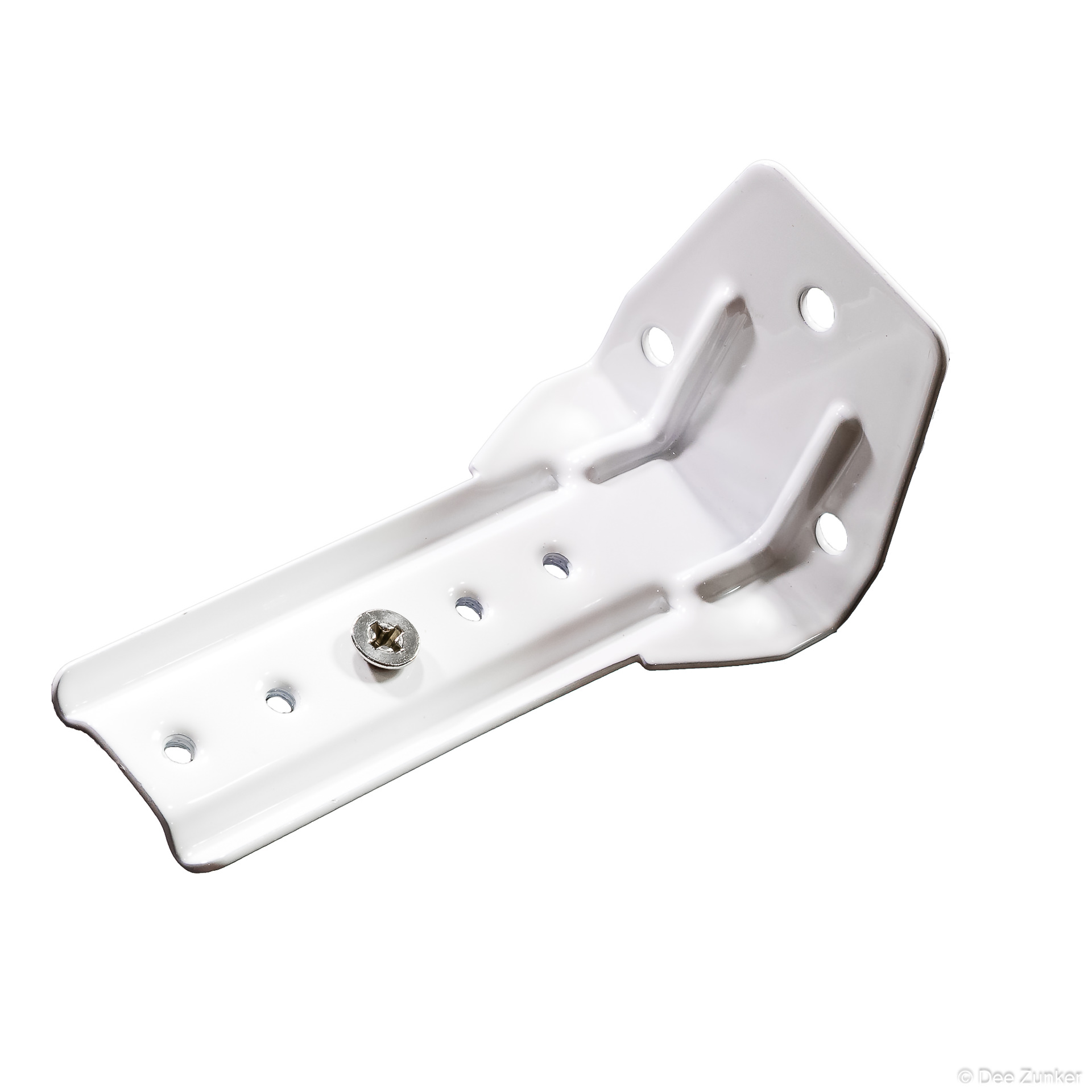 White powder-coated metal mounting bracket with Phillips screw, shot on white background for industrial hardware catalog photography.