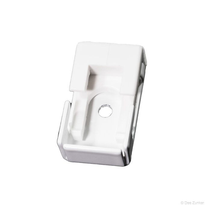 White powder-coated metal mounting bracket with screw hole, shot on white background for industrial catalog product photography.