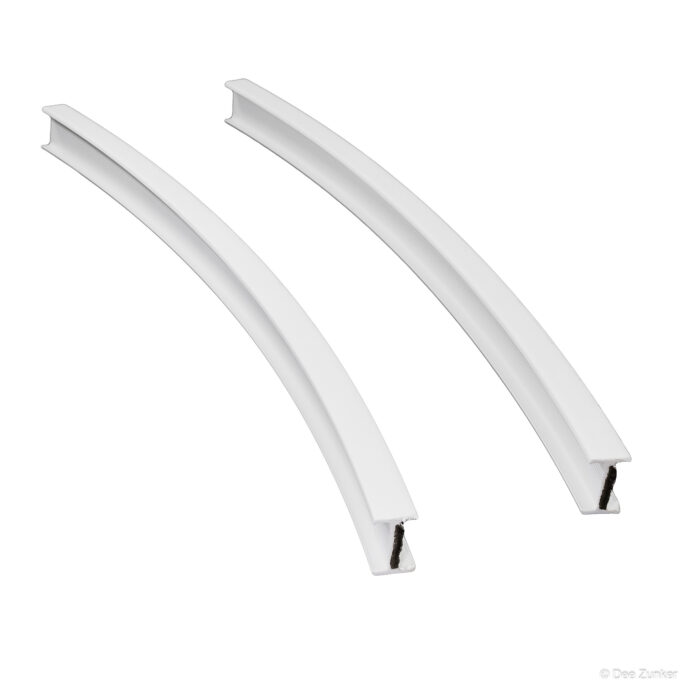 Two curved white PVC weatherstrip door seals with brush insert, shot on white background for industrial catalog product photography.