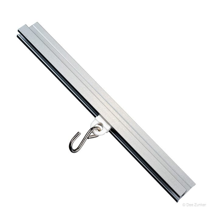 Aluminum extruded track rail with mounted S-hook slider, white background industrial catalog product photography, Houston TX.