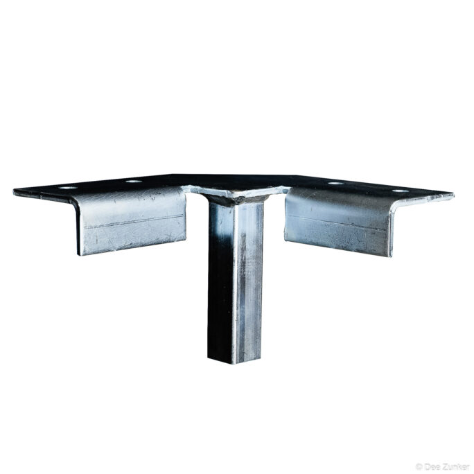 Galvanized steel T-bracket with square post and mounting plate, shot on white background for industrial catalog product photography.