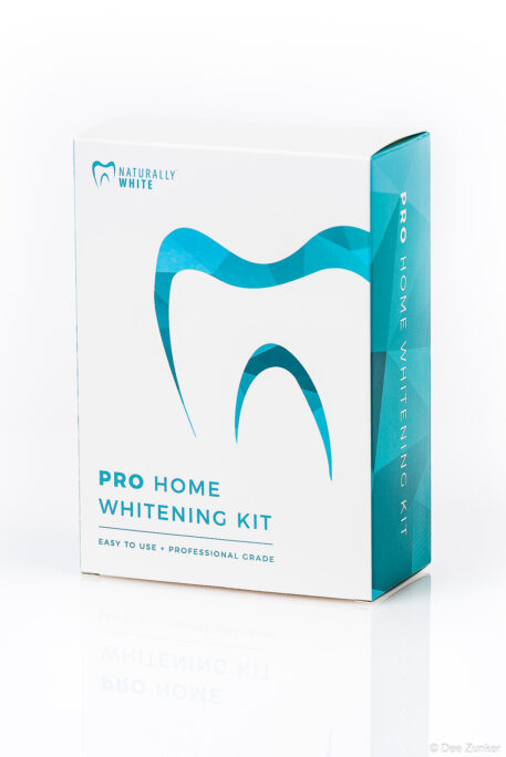 Naturally White Pro Home Whitening Kit box photographed on white background, retail product photography by Dee Zunker Photography Houston TX.
