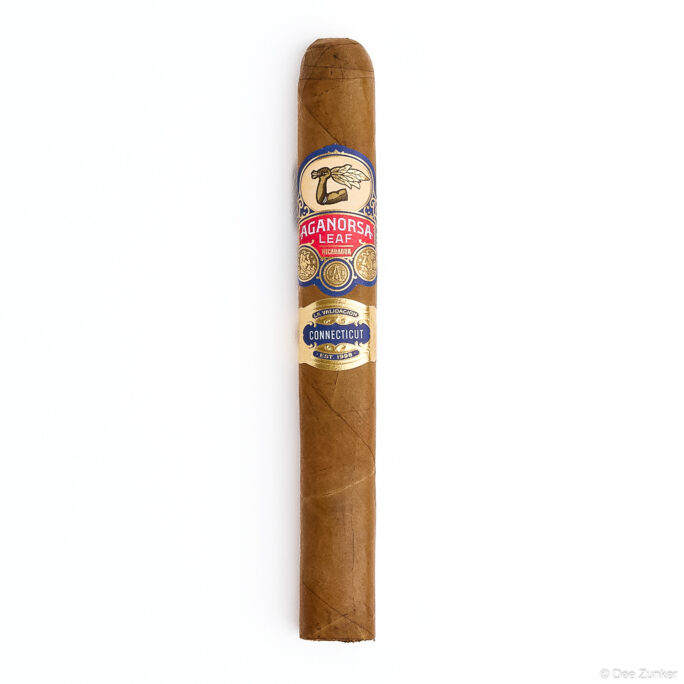 Aganorsa Leaf Connecticut Nicaragua cigar on white background, retail product photography by Dee Zunker Photography Houston TX.