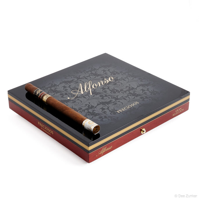 Alfonso Preciosos Gran Seleccion cigar box with single cigar, professional retail product photography on white background by Houston studio.