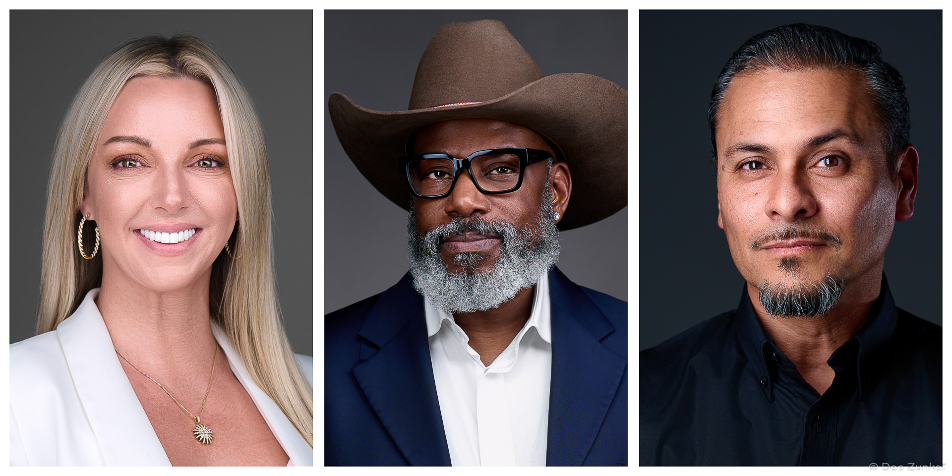 Three professional studio headshots showing a blonde woman in white blazer, a bearded man in cowboy hat and blazer, and a man in dark shirt, Houston TX.