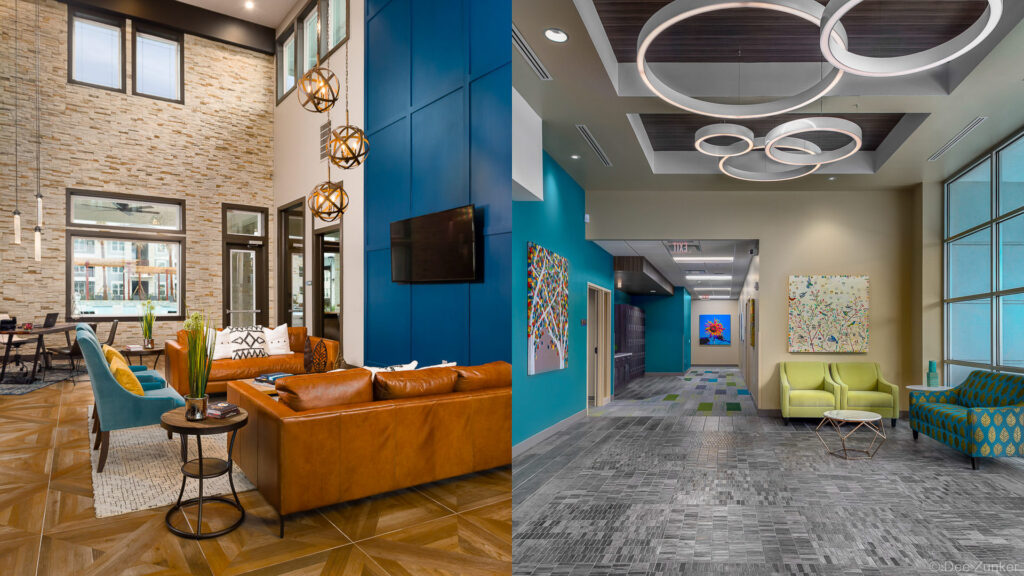Split view of Houston apartment amenity spaces featuring a leather sofa lounge with pendant lights and a modern hallway lobby with circular ceiling fixtures.
