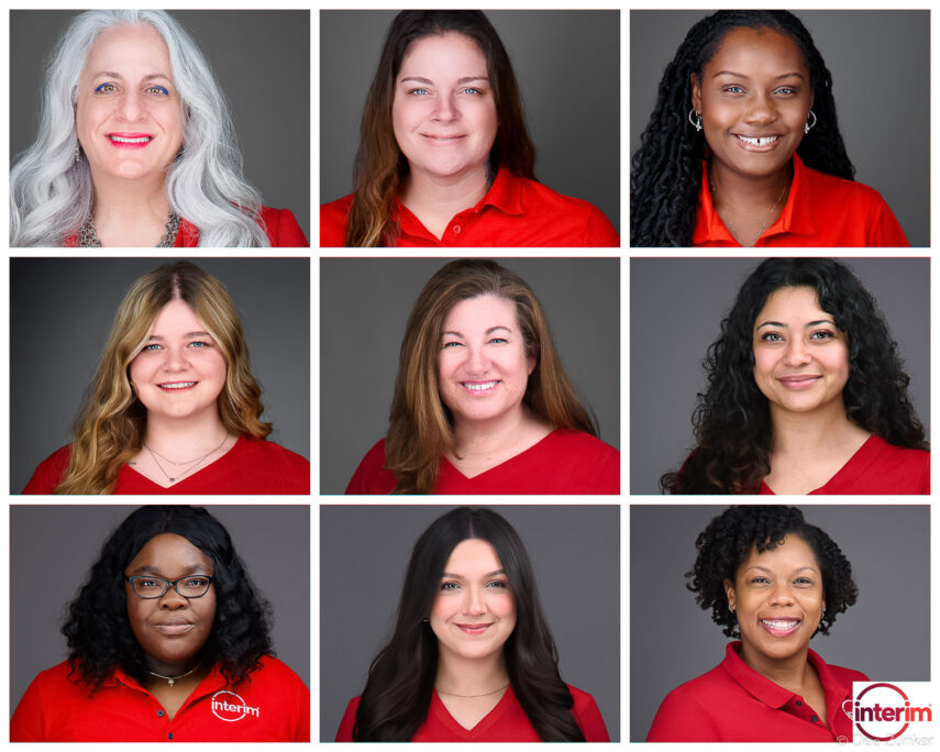 3x3 grid of nine professional corporate headshots of women in red uniforms, photographed by Houston commercial photographer Dee Zunker Photography.