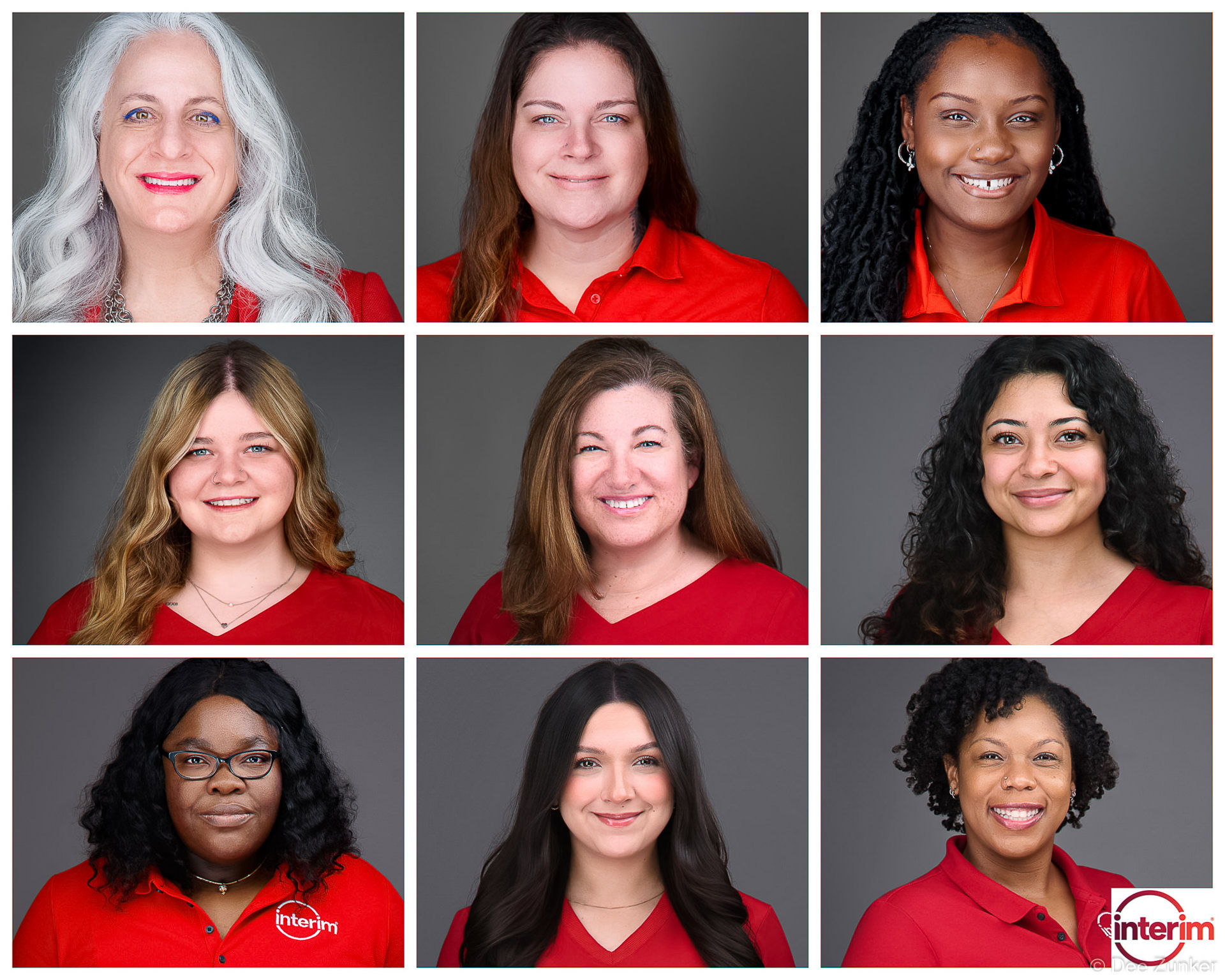 3x3 grid of nine professional corporate headshots of women in red uniforms, photographed by Houston commercial photographer Dee Zunker Photography.